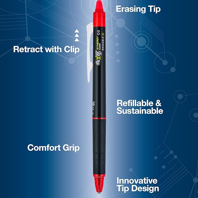 PILOT, FriXion Synergy Clicker Erasable, Refillable, Retractable Gel Ink Pens, Extra Fine Point 0.5 mm, Pack of 12, Red Ink