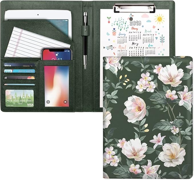 WAVEYU Portfolio Case for Women, Padfolio Cover for Girls, Conference/Resume/Legal Document Organizer with Letter/A4 Size Clipboard Hardboard, Business Card Holders, Green Flower