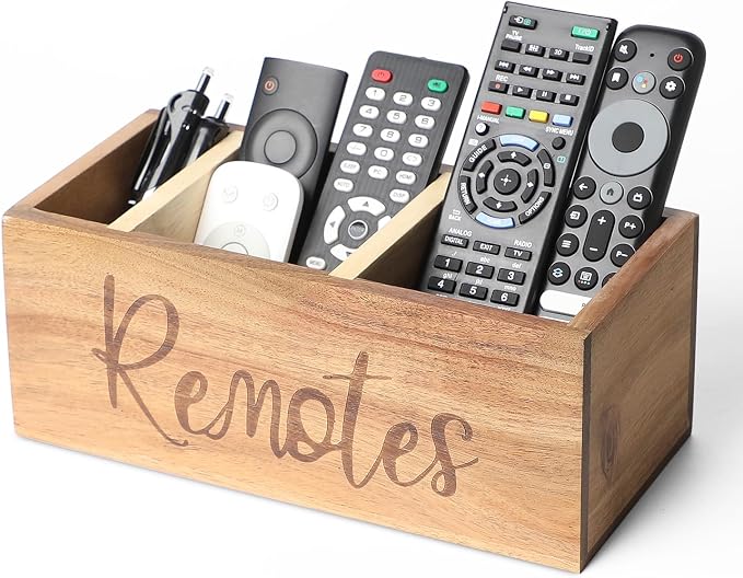 Remote Control Holder, Wooden TV Remote Holder for Table, Remote Organizer Caddy for Home Decor, Remote Box for Nightstand, Brown Labeled Remote, 3 Slot - 9.84 Inch