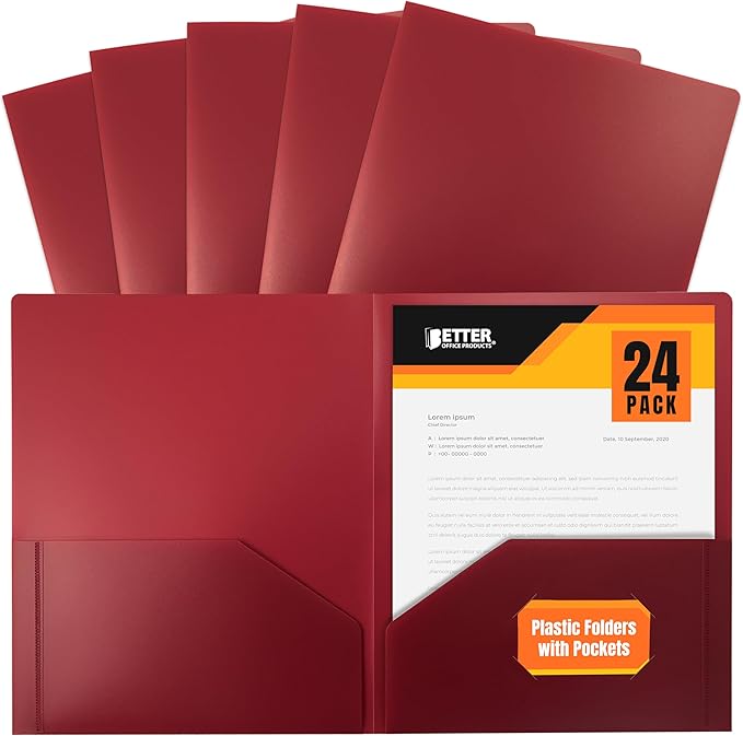 Better Office Products Heavyweight Burgundy Plastic 2 Pocket Portfolio Folder, Letter Size Poly Folders, 24 Pack, Burgundy Red