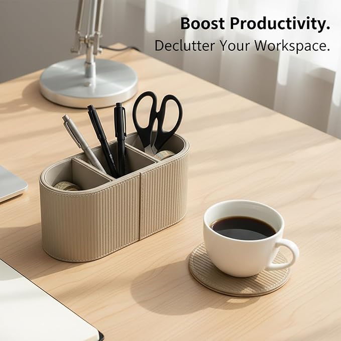 3 Compartments PU Leather Remote Control Holder, Multifunctional Desk Organizer for TV Remotes, Pens, and Accessories, Bedside and Tabletop Storage, Beige