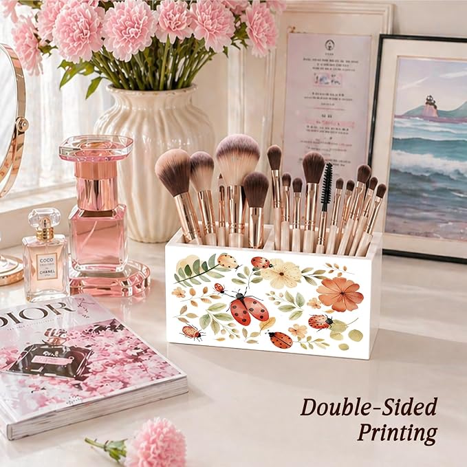 Ladybugs Floral Pen Pencil Holder for Desk Ladybug Gifts for Women, Cottagecore Wildflower Pencil Holders Wooden Box Organizer for Home Office Bedroom Desk Tabletop