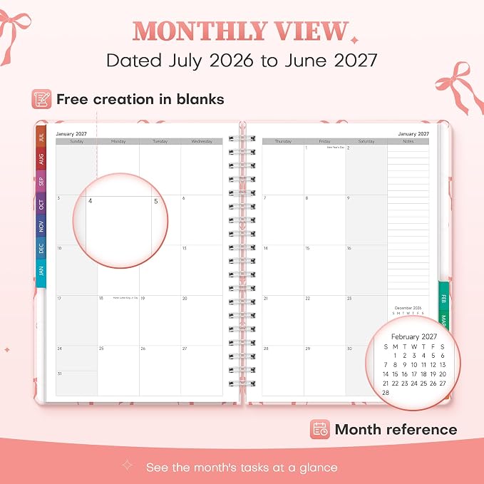 Planner 2026-2027 Monthly and Weekly Academic Planner July 2026 - June 2027, Hardcover Calendar 2026-2027 Agenda Daily Planner for Student Teacher School Office Supplies, 7.4" x 10.2", Pink Bow