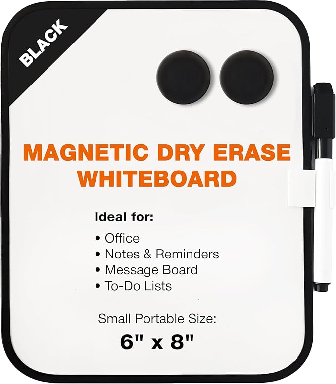 Magnetic Dry Erase Board for School Locker, 6" x 8" Marker and 2 Magnets - Small Whiteboard for Classroom, Home, Office, Travel - Black