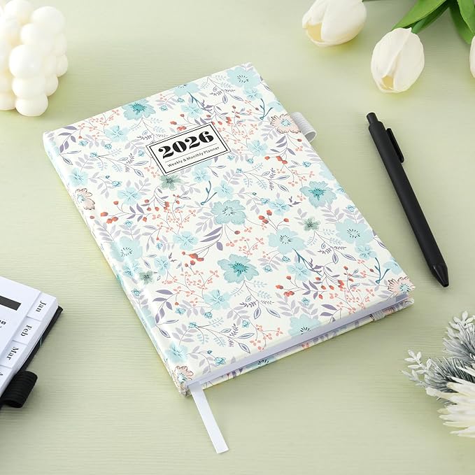 2026 Planner Weekly & Monthly – A5 Size 8.5" x 5.8", PU Leather Hardcover Planner 2026 with Twin-Wire Binding, Thick Paper, 2026 Small Planner Calendar for Home, Office, School-Flower