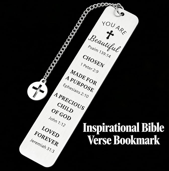 Christian Stainless Steel Bookmark with Cross Pendant – Inspirational Bible Verse Scripture – Perfect Religious Gift for Women, Men, Girls, Baptism, Graduation