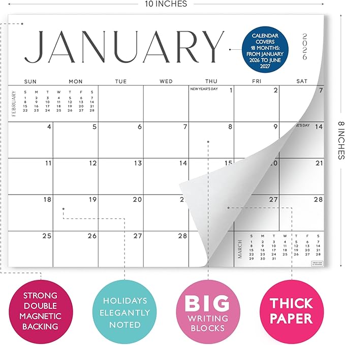 S&O Simple Magnetic Fridge Calendar from January 2026-June 2027 - Tear-Off Refrigerator Calendar to Track Events & Appointments - 18 Month Magnetic Planner for Fridge for Easy Planning-8"x10”in