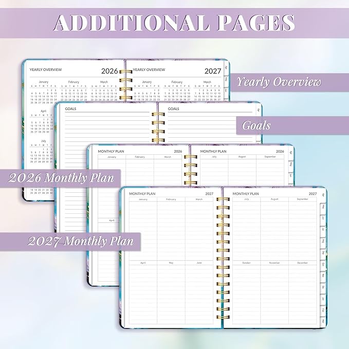 Lonely Oak Academic Planner 2026-2027, Daily Weekly and Monthly Agenda Planner 6.18" x 8.5" with Tabs, 15 Months Spiral School Year A5 Calendar from Apr.2026 to Jun.2027 for Student and Teacher (Cyan Marble)