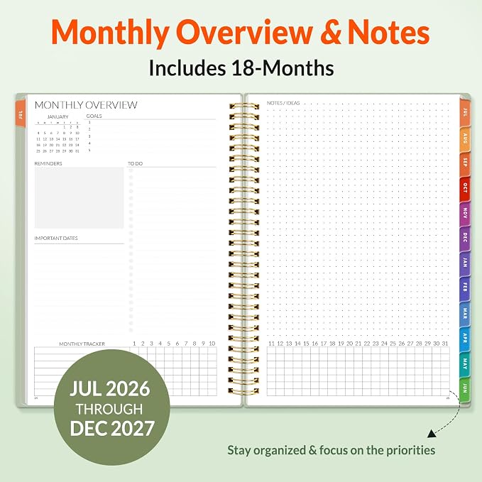 SUNEE Monthly Planner 2026-2027 - 18 Months Calendar Planner from Jul 2026 to Dec 2027, 7"x10" Yearly Planner with Tabs, Spiral Binding, Organizer for School Office Home, Sage Green