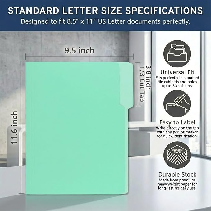 100 Packs Paper File Folder,Light Green File Folders Letter Size,1/3-Cut Tabs,8.5x11 Inch File Folders for Office Filing,School Projects and Home,Organizer Documents