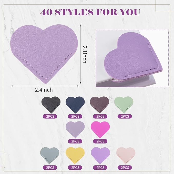 Sabary 40 Pcs Leather Heart Bookmarks Corner Bulk Page Markers for Women Teachers Students Book Lovers Cute Heart Shape Reading Gifts for Back to School Office Home Supplies(Stylish Color)