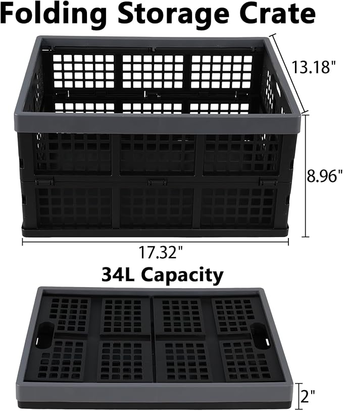 34 L 3 Packs Plastic Foldable Crate with Handle, Stackable Collapsible Utility Crates