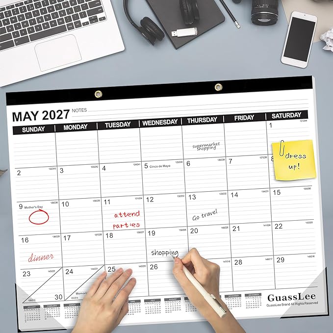 GuassLee Large Desk Calendar 2026, 3 Packs, 19 Months from Jun. 2026 to Dec. 2027, 22" x 17" Desk/Wall Calendar Hanging Planner with Julian Date, Notes, Corner Protectors for School Home Office