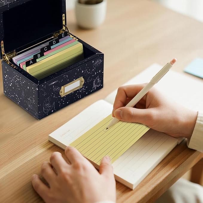 3x5 Index Card Holder, Leather Organizer Box with 300 Flash Cards, 30 Plastic Dividers & 2 Letter Stickers,Flash Recipe Card Holder Box for Home Office Kitchen (Index Card Holder-C)