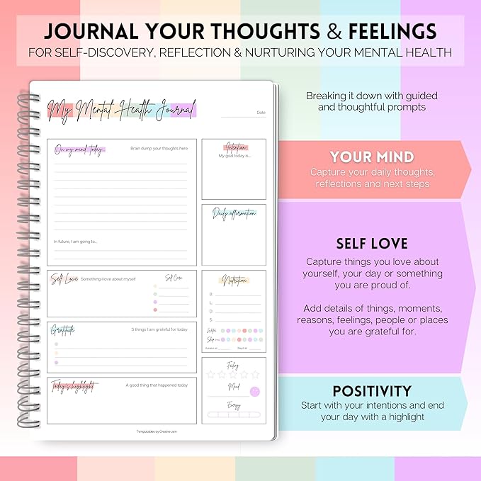 Mental Health Journal Planner | Daily Gratitude, Self Care, Intentions, Affirmations and Nutrition (Rainbow, A5)
