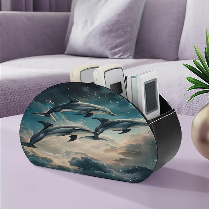Dolphin Starry Sky Galaxy Ocean Remote Control Holder with 5 Compartment PU Leather Multi Functional Desk Storage for TV Remotes Office Supplies