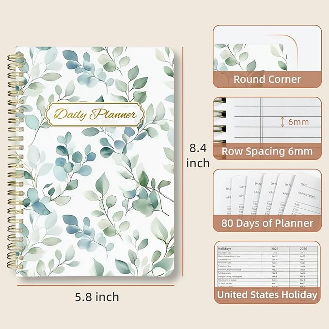 Undated Daily Planner - Spiral Notebook 80 Days One Day Per Page, Hourly Schedule, To-Do List, Notes, Everyday Planning Task, A5 Hardcover Journal Organizer Book Women Cute Aesthetic, Spring