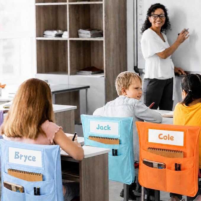24pcs for Classroom 16.3x19.7inch Classroom Chair Pockets with Name Tag 3 Pockets Chair Organizer for Teacher Student School Office(Pink Purple)