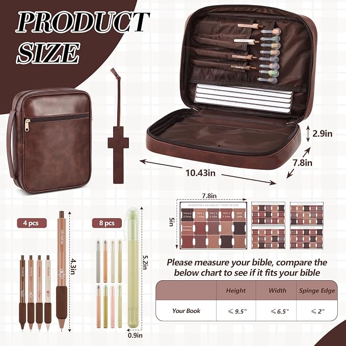 Sinload Bible Cover Kit for Men – Journaling Set with Highlighters, Pens, Tabs & Bookmark – Portable Men's Bible Leather Bag，Father Day Christian Gift for Dad(Vertical Style)