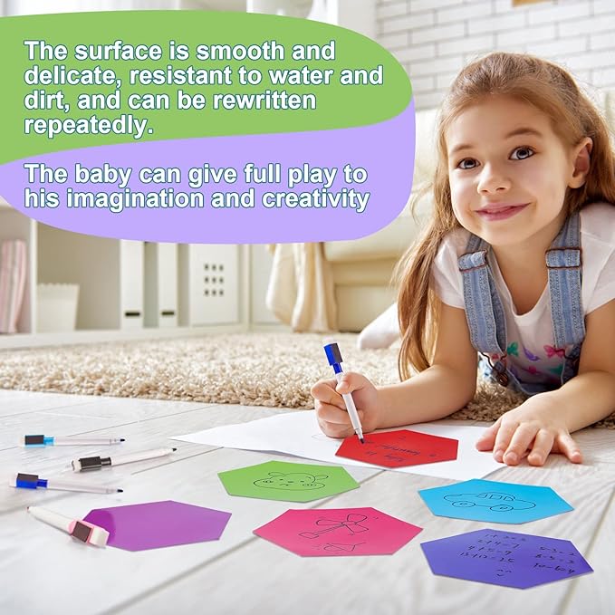 Gueevin 12 Pcs Hexagon Shape Magnetic Dry Erase Board Set 8 Hexagon Small Erase Board Magnet with 4 Dry Marker for Teachers Students, School Classroom Activity Planning, Rainbow Colors