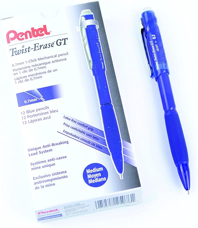 Pentel Twist-Erase GT, 0.7mm, Mechanical Pencil Transparent Blue, Box of 12 (QE207C)