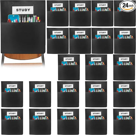 24 PCS Chair Pockets forClassrooms,19.5"x16.5" Seat Sacks for Classroom ChairsK-2, Classroom Student Chair Pockets for Kindergarten,Classroom,School, and Home Seating Storage, Black.