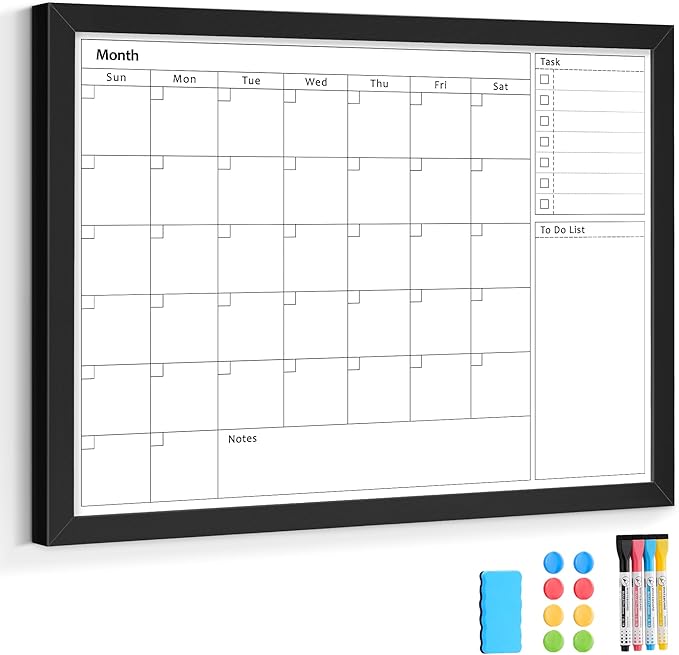 Dry Erase Calendar Whiteboard for Wall, 36x24 Inches Monthly White Board with White Wooden Frame, Hanging Magnetic Wall Calendar Board for Home Office School Kitchen Dorm