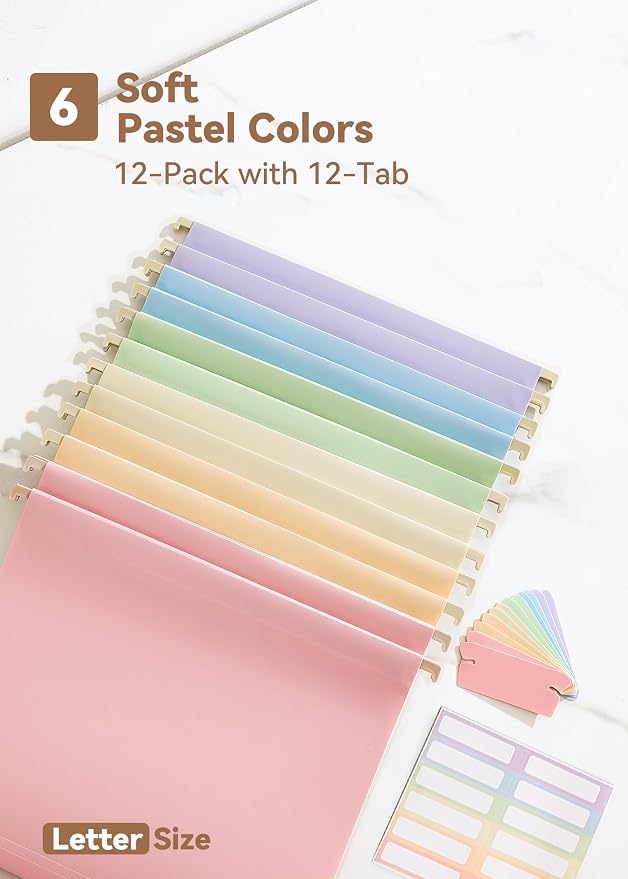 SortRax Plastic Hanging File Folders, Sturdy & Tear-Resistant, Letter Size, 12 Pack with Insertable 1/5-Cut Tabs, Pastel Colors