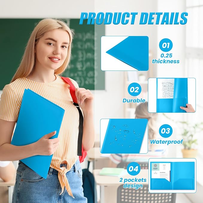 Gueevin 100 Pack Plastic Folder with Pockets, 2 Pocket Folders, Plastic Glossy Folders Fit Letter Size Paper, Heavy Duty Durable File Folder with Business Card for Home Office School (Lake Blue)