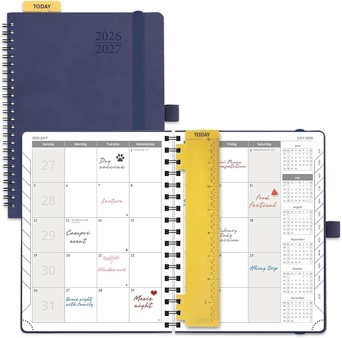POPRUN 2026-2027 Monthly Planner, 6.5" x 8.5", 18 Month Calendar (July 2026 to December 2027) with Expense Tracker, Notes Pages, Sprial Bound, Leather Softcover - Navy Blue