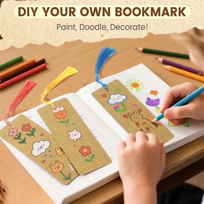 102 pcs Blank Bookmarks with Colorful Tassels – 350gsm Cardstock Bookmark Blanks for DIY Crafts, Holiday Gift Tags, Classroom Projects & Reading Rewards – 5.5 x 2 inch Bookmark Kit (Brown)