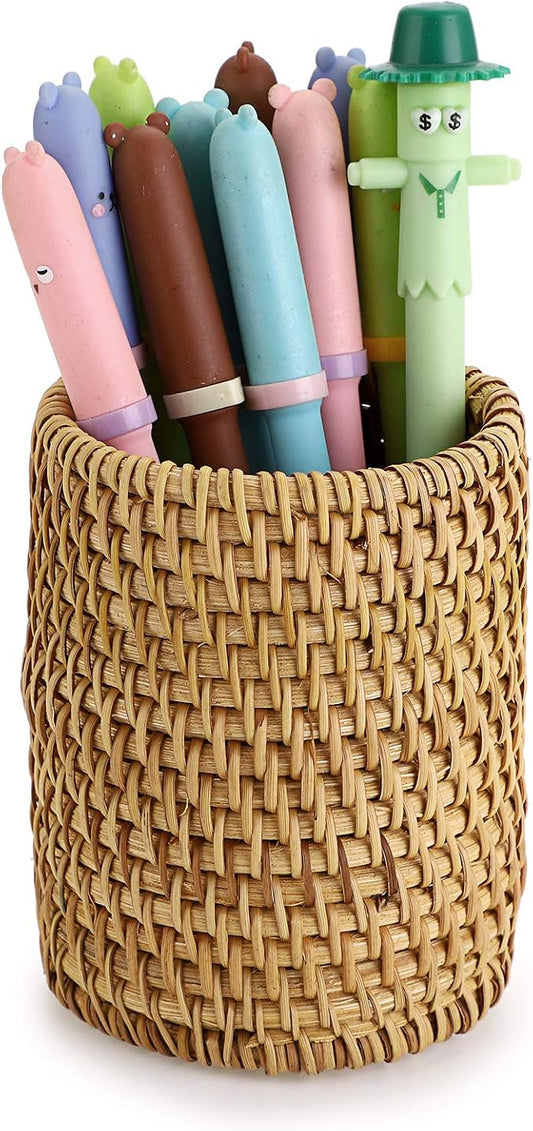 BTSKY Rattan Pen Cup, Handmade Desk Pencil Holders Makeup Brush Holder Multi-Functional Woven Basket Office&Home Desktop Organizer(Cylinder)