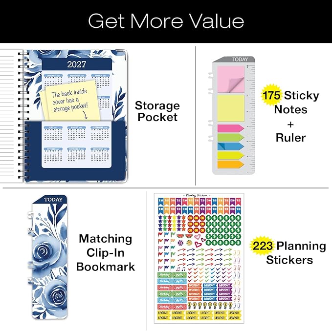 HARDCOVER Academic Year 2026-2027 Planner: 14 Months (May 2026 Through June 2027) 8.5"x 11" Daily Weekly Monthly Planner Yearly Agenda. Bookmark, Pocket Folder and Sticky Note Set (Blue Bloom)