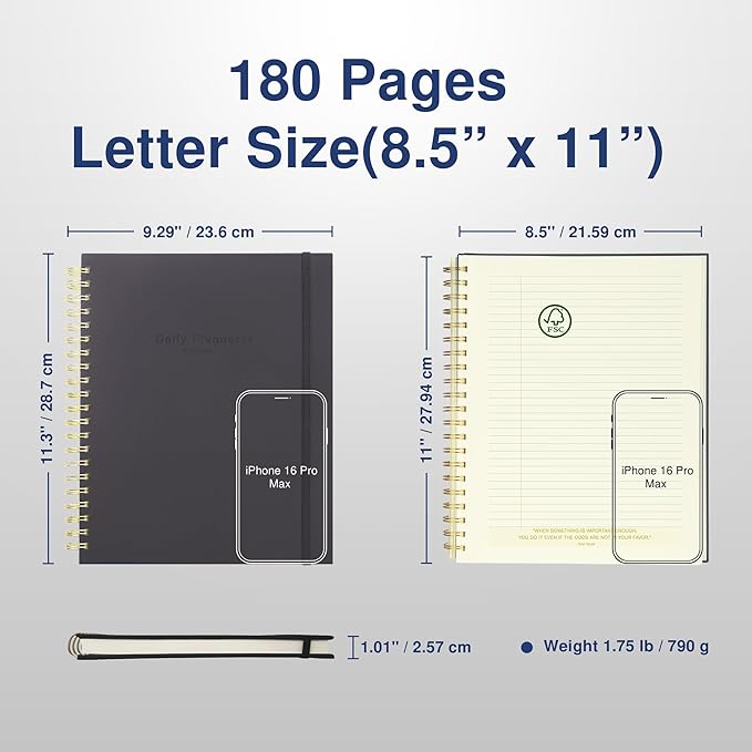 AuroPlanner Undated Daily Planner To Do List Hourly Schedule 2027 2026 2025 Calendar & Holiday Habit Tracker 180 Pages Letter Size 8.5" x 11" Sheets Hardcover Spiral Bound Notebook (Black)