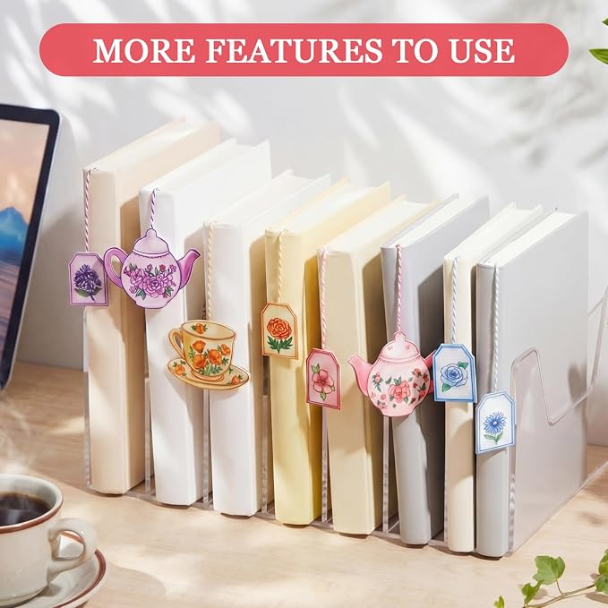 Resurhang 8 Pcs Pastels Teacup Teapot Bookmarks with Floral Design Cute Tea Bag Felt Bookmarks Gift Bulk for Mother, Tea Party Favors, Teacher, Book Lovers, Unique Gift for Women, Bookworms