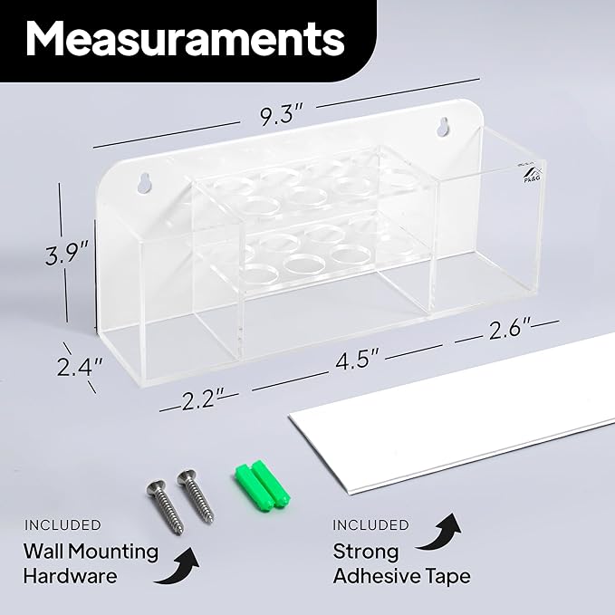Strong Magnetic Dry Erase Marker Holder for Whiteboard, 8-Slot Acrylic Pen Organizer with Glass and Wall Mount Accessories for Fridge, Office, and Classroom. Markers, Eraser, Cleaner Not Included