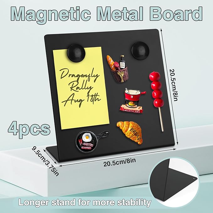 4 Pcs Magnetic Bulletin Board with Stand, 8x8inch Magnetic Display Board, Metal Tabletop Memo Board, Black Message Board with 8 Magnets for Home Kitchen School Office