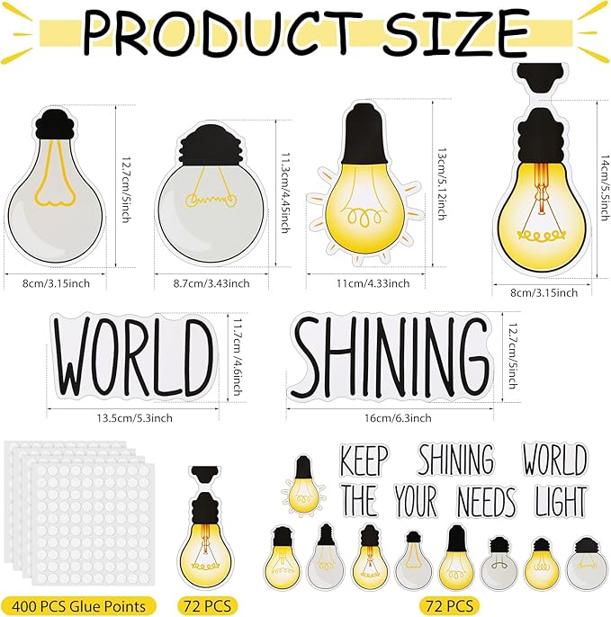 Karenhi 108 Pcs Classroom Light Bulb Bulletin Board Decoration Cutouts Set with Glue Point - Back to Schol Supplies Keep Shining Motivational Banner First Day of Shool Decor (Classic)