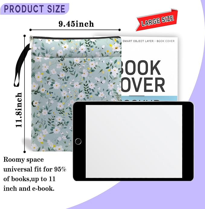 Flower Pattern Book Sleeve,Book Lovers Gifts Waterproof Book Cover for paperbacks with Zipper and Front Pocket Book Pouch for Women Teacher Birthday Graduation Christmas Gifts (Wildflower1601)