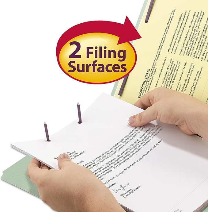 Smead Pressboard Fastener File Folder with SafeSHIELD Fasteners, 2 Fasteners, 1/3-Cut Tab, 3" Expansion, Letter Size, Gray/Green, 25 per Box (14944)