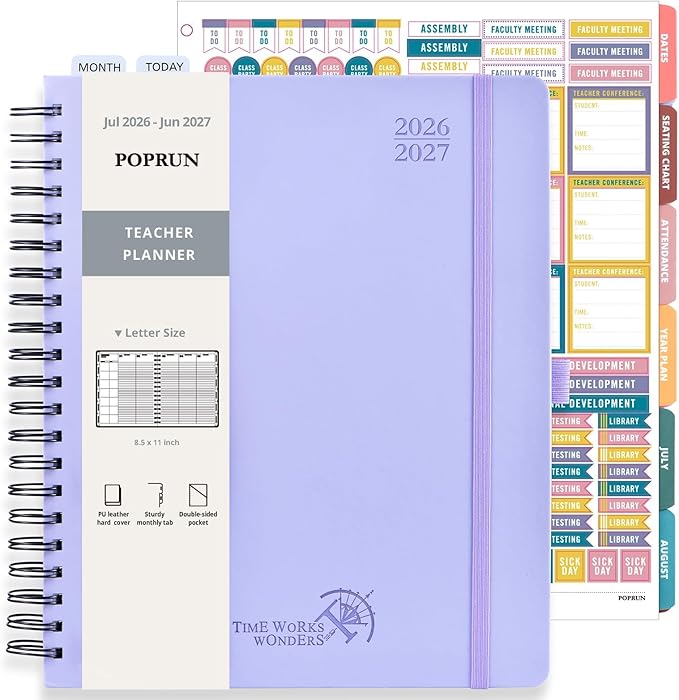 POPRUN Teacher Lesson Planner 2026-2027, (Letter Size - 8.5'' x 11'') Academic Planner July 2026 - June 2027 with Gradebook & Color Monthly Tabs, Thick Paper, 2-Sided Pocket, Leather Cover, Lilac