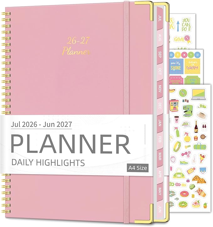Academic Planner 2026-2027 (8.5" x 11") - Weekly & Monthly Planner (Jul. 2026 - Jun. 2027), Column View Calendar Organizers, Hardcover Agenda Book with Tabs for Office & School, Pink