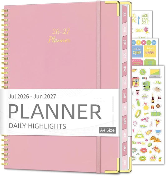 Academic Planner 2026-2027 (8.5" x 11") - Weekly and Monthly Hardcover Calendar Planner (Jul. 2026 - Jun. 2027), Planning Agenda Book with Tabs, Inner Pocket and Sticker for Office & School, A4, Pink