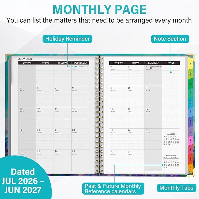 Planner 2026-2027, A4 Hardcover Weekly and Monthly Calendar Planner from July 2026 - June 2027, 8.5" x 11" Daily Agenda with Monthly Tabs, Spiral Bound, Inner Pocket, Cute Journal Organizer Notebook for Office School-Purple Oil Painting