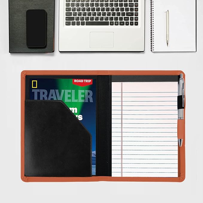 Classic Padfolio/Junior Portfolio Folder Case, Business A5 Binder Organizer Notepad for Men Women, 5 x 8 Writing Pad Included, Orange