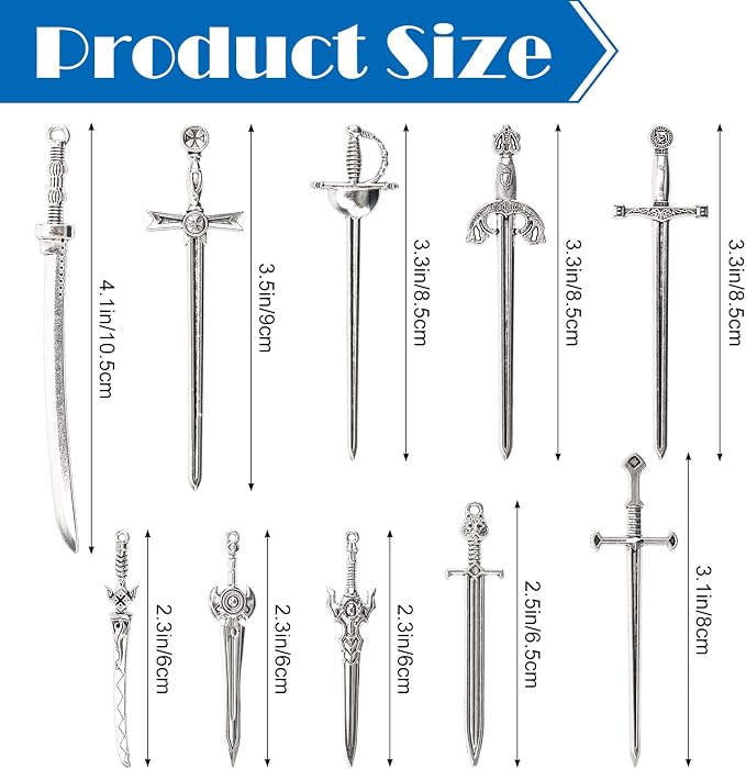 10 Styles Antique Swords Bookmark Set - 40 Pieces, Knife Charms, Keychain Pendants for Book Lovers DIY Bookmarks, Necklace, Bracelets