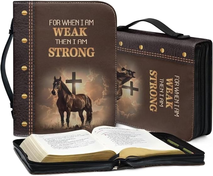 Leather Print Bible Cover for Women Men - PU Bible Case for Girls, Bible Study Supplies for Home, Office, Travel,Horse and Cross,Medium