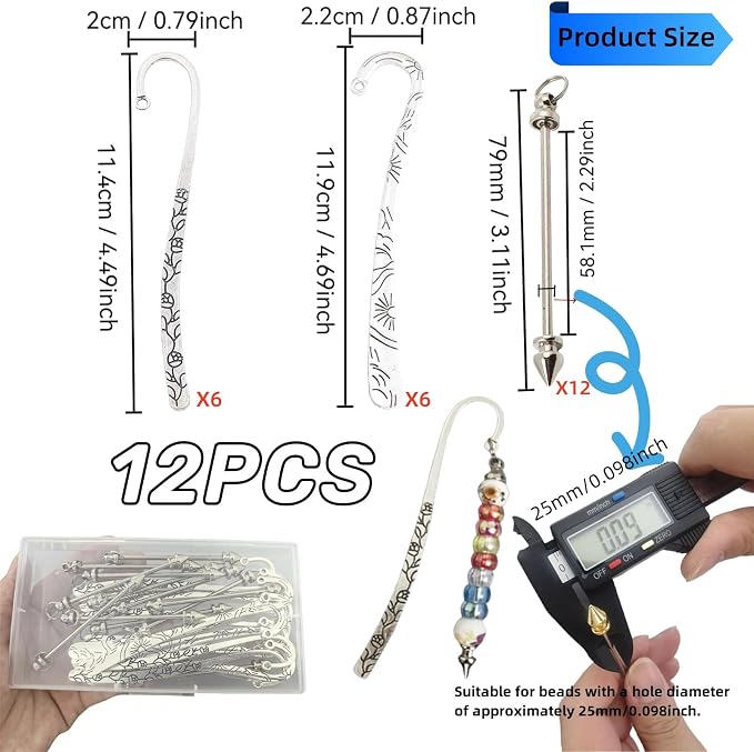 12 Pcs Beadable Bookmarks DIY Metal Blank Bar Bookmark for Beads Metal Bookmark Hairpin Hook Carved Antique Vintage Bookmarks Gift for Book Lovers Student Teacher Office Supplies (Silver)