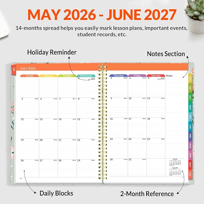 SUNEE Teacher Planner 2026-2027 Academic Year, Lite Lesson Planner Book with 7 Periods Jul 2026 - Jun 2027, 8.5"x11" Daily Weekly and Monthly Organizers, Plan Book with Pocket, Color Tabs, Wildflower
