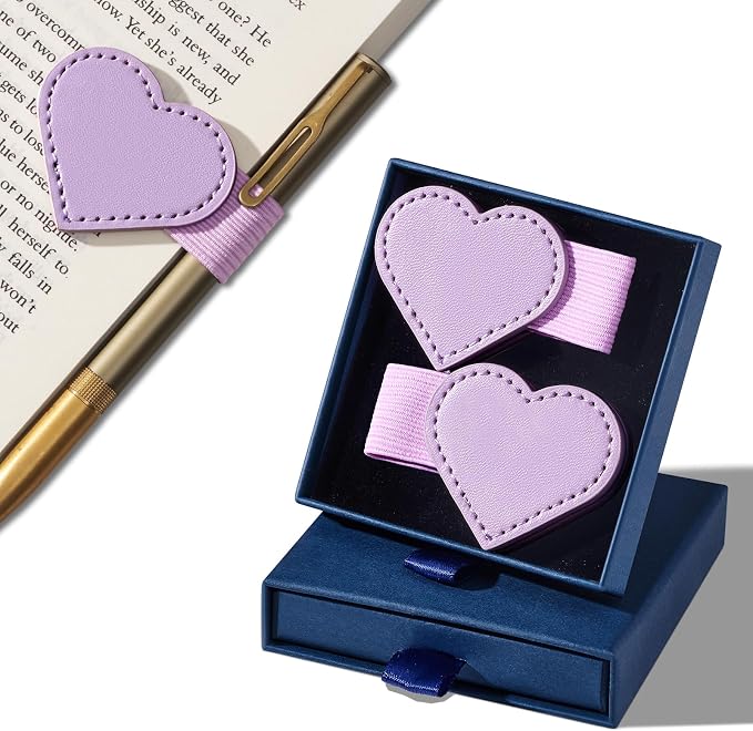 2Pcs Magnetic Leather Bookmarks with Gift Box Heart-Shaped Magnetic Pen Holder Book Marks Clip Gift for Book Lover Readers Cute Bookmark for Women, Purple